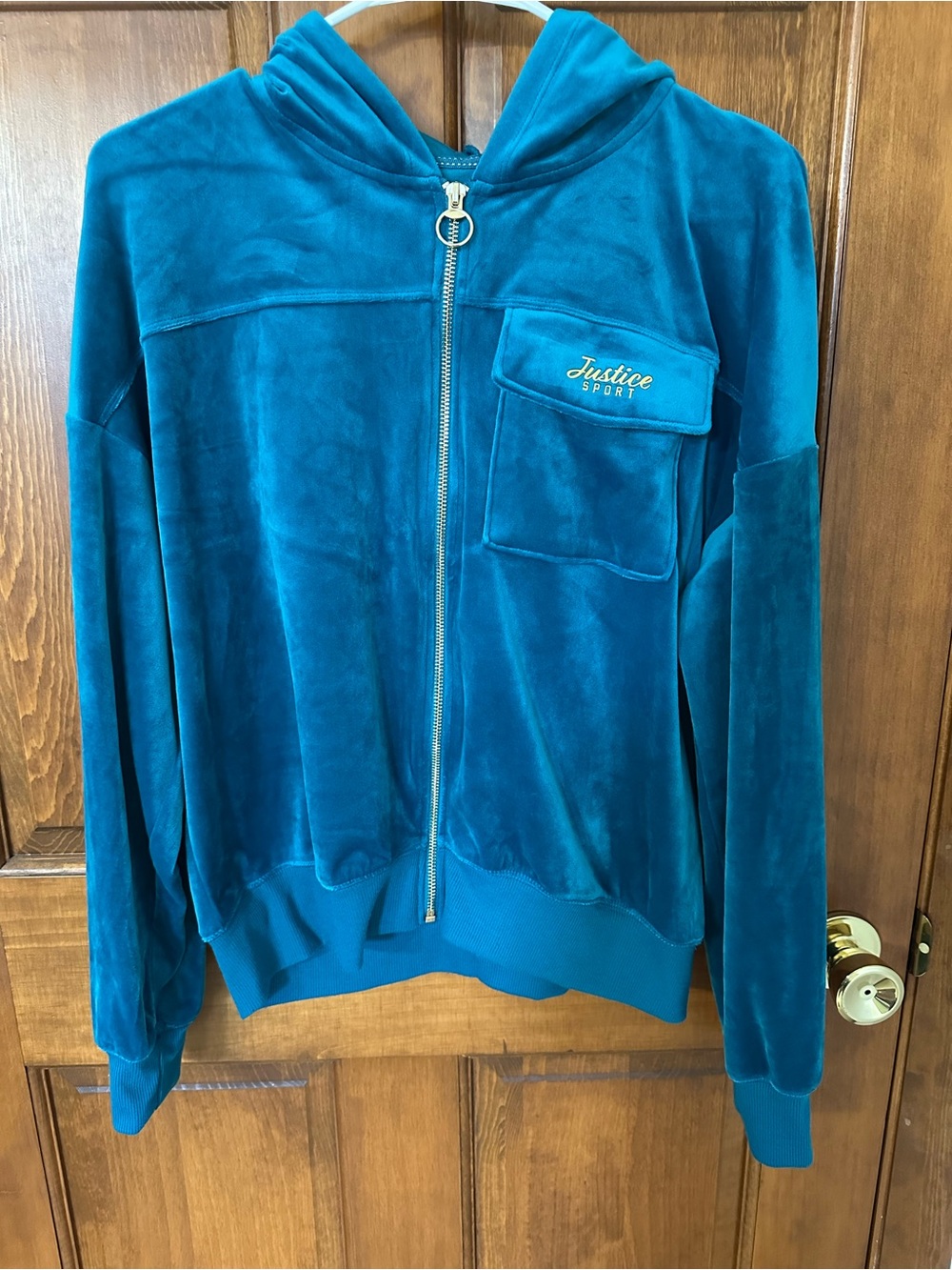 Justice Teal Velour Sport Hoodie with Embroidered Logo